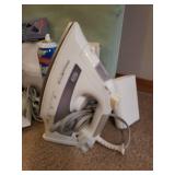 Adjustable Height Ironing Board, Rowenta Steam Iron, Nearly Full Can of Magic Sizing, Travel Iron in Case - 1 With Cord & Travel Bag, and NIP Laundry Bag