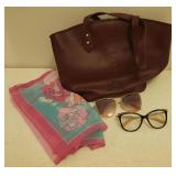 Liz Claiborne Satchel Purse, Silk Scarf, Ralph Lauren Reader Glasses, and Rose Lens Sunglasses