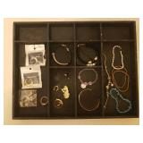 Wood Jewelry Tray with New & Vintage Rings, Earrings, Bracelets, Pendants, and Pins