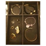 Wood Jewelry Tray with New & Vintage Rings, Earrings, Bracelets, Pendants, and Pins
