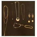 Fine Chain Necklaces & Bracelet, Vintage Avon Ruby Crystal Gold Tone Tennis Bracelet, Chainmail Earrings, and Vintage Lorus & Elgin Ladies Wrist Watches with no Bands