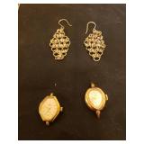 Fine Chain Necklaces & Bracelet, Vintage Avon Ruby Crystal Gold Tone Tennis Bracelet, Chainmail Earrings, and Vintage Lorus & Elgin Ladies Wrist Watches with no Bands