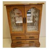 Vintage Wood Jewelry Chest with 2 Drawers, Etched Glass Doors and Mirror Inner Back - 13in W x 6.5in D x 17.25in T