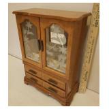 Vintage Wood Jewelry Chest with 2 Drawers, Etched Glass Doors and Mirror Inner Back - 13in W x 6.5in D x 17.25in T