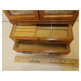 Vintage Wood Jewelry Chest with 2 Drawers, Etched Glass Doors and Mirror Inner Back - 13in W x 6.5in D x 17.25in T