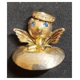 Vintage Gold TOTOLANI Angel on My Shoulder Pin/Brooch - Blue Rhinestone Eyes & Crystal Crown - Signed - 1.25in W x 1.25in T