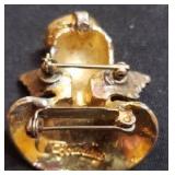 Vintage Gold TOTOLANI Angel on My Shoulder Pin/Brooch - Blue Rhinestone Eyes & Crystal Crown - Signed - 1.25in W x 1.25in T