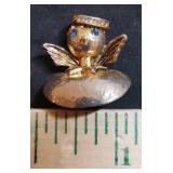 Vintage Gold TOTOLANI Angel on My Shoulder Pin/Brooch - Blue Rhinestone Eyes & Crystal Crown - Signed - 1.25in W x 1.25in T