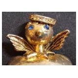 Vintage Gold TOTOLANI Angel on My Shoulder Pin/Brooch - Blue Rhinestone Eyes & Crystal Crown - Signed - 1.25in W x 1.25in T