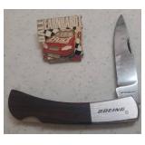 Boeing Lock Blade Pocket Knife with Wood Handle - Stamped British Hong Kong - 5.5in L Open, and Dale Earnhardt Jr. Bud Car NASCAR Pin by Wincraft