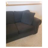 Large Forrest Green Over Stuffed BAUHAUS 3 Cushion Couch with Matching Throw Pillows - 94in W X 39in D - Matches Lot # 2001 - IN BASEMENT - LARGE/HEAVY - MUST BRING HELP TO MOVE/LOAD!