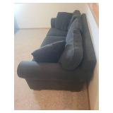 Large Forrest Green Over Stuffed BAUHAUS 3 Cushion Couch with Matching Throw Pillows - 94in W X 39in D - Matches Lot # 2001 - IN BASEMENT - LARGE/HEAVY - MUST BRING HELP TO MOVE/LOAD!