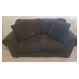 Large Forrest Green Over Stuffed BAUHAUS 2 Cushion Love Seat with Matching Throw Pillows - 68in W X 39in D - Matches Lot # 2000 - IN BASEMENT - LARGE/HEAVY - MUST BRING HELP TO MOVE/LOAD!