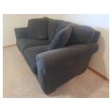 Large Forrest Green Over Stuffed BAUHAUS 2 Cushion Love Seat with Matching Throw Pillows - 68in W X 39in D - Matches Lot # 2000 - IN BASEMENT - LARGE/HEAVY - MUST BRING HELP TO MOVE/LOAD!