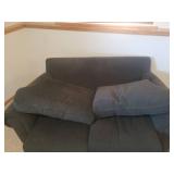 Large Forrest Green Over Stuffed BAUHAUS 2 Cushion Love Seat with Matching Throw Pillows - 68in W X 39in D - Matches Lot # 2000 - IN BASEMENT - LARGE/HEAVY - MUST BRING HELP TO MOVE/LOAD!