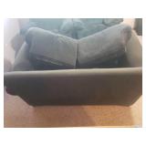 Large Forrest Green Over Stuffed BAUHAUS 2 Cushion Love Seat with Matching Throw Pillows - 68in W X 39in D - Matches Lot # 2000 - IN BASEMENT - LARGE/HEAVY - MUST BRING HELP TO MOVE/LOAD!