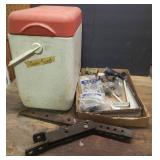 Riding Mower Implement Bar, Pipe Joints/Connectors, 2 Hole Straps, Metal Shelf Brackets, L-Brackets, and Cooler with Grass Seed