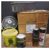 Coated Metal Shelf Rack, Wood Crate, Clip on Shop Fan, Paint & Urethane, Quikrete, and Metal Storage Box