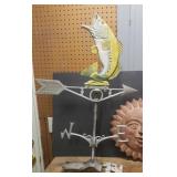 Vintage ROBBINS Aluminum Jumping Large Mouth Bass Fish Weathervane - 30in T x 19.5in W - and Terra Cotta Sun Patio Wall Decor - 14in D