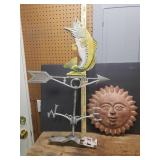 Vintage ROBBINS Aluminum Jumping Large Mouth Bass Fish Weathervane - 30in T x 19.5in W - and Terra Cotta Sun Patio Wall Decor - 14in D