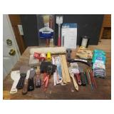 Painting Supplies: Brushes, Roller Covers, Scrapers/Putty Knives, Sanding Blocks, Tape, and Paint Stir Sticks