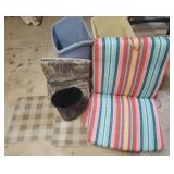 2 Check Pattern Fatigue Floor Mats, 3 Waste Baskets, and Outdoor Furniture Cushions