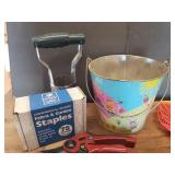 Gardening Gloves, Bulb Planter Tool, Sand Pail, Fly Swatters, Dog Leash Cord, Box of Garden Fabric Staples, Hand Pruners, and Hose Connecters