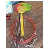 Gardening Gloves, Bulb Planter Tool, Sand Pail, Fly Swatters, Dog Leash Cord, Box of Garden Fabric Staples, Hand Pruners, and Hose Connecters