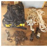 Large Lot of Black Canvas Strap/Tie Downs with Clasps, Rope, Table Vice Umbrella Holder, Chain, and Carabiner Clips