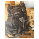 Large Lot of Black Canvas Strap/Tie Downs with Clasps, Rope, Table Vice Umbrella Holder, Chain, and Carabiner Clips