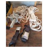 Large Lot of Black Canvas Strap/Tie Downs with Clasps, Rope, Table Vice Umbrella Holder, Chain, and Carabiner Clips