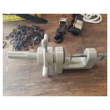 Large Lot of Black Canvas Strap/Tie Downs with Clasps, Rope, Table Vice Umbrella Holder, Chain, and Carabiner Clips