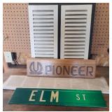 NIP Metal Air Return Grate, Wash Bucket, Pair of Wood Shutters, Elm St. Street Sign, and Engraved Wood Pioneer Sign