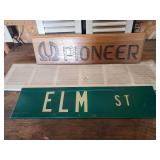 NIP Metal Air Return Grate, Wash Bucket, Pair of Wood Shutters, Elm St. Street Sign, and Engraved Wood Pioneer Sign