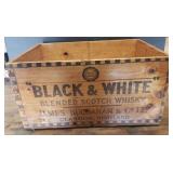 ANTIQUE Stamped Wood "Black & White" Blended Scotch Whiskey12 Bottle Crate - James Buchanan & Co. Ltd. Glascow, Scotland -  17in L x 11.75in D x 9in T