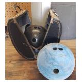 Vintage Amflite Bowling Ball in Vintage Hard Case Bowling Bag, and Vintage Brunswick Blue Neptune Bowling Ball