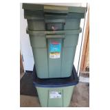 2 Rubbermaid 18 Gallon Roughneck Tubs & 1 Cornerstone 18 Gallon Tub - All With Lids