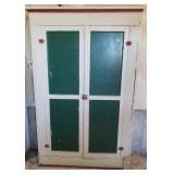 Extra Large Antique Painted Wood 2 Door Storage Cabinet with Original Latch & Hinges - 46.5in W x 11.5in D x 72in T