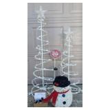 Holiday Lawn Decor: Light Up Trees - Work, Snowman, Set of NIP Solar Lights, and Santa Stop Here Yard Stake