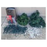 Holiday Lightts: 5 Green String Lights, and 2 White String Lights - All Work!, 3 Lit Garland - All Work!, and Large Lot of Plastic & Metal Yard Light Stakes - Includes Tub