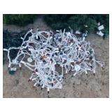 Holiday Lightts: 5 Green String Lights, and 2 White String Lights - All Work!, 3 Lit Garland - All Work!, and Large Lot of Plastic & Metal Yard Light Stakes - Includes Tub
