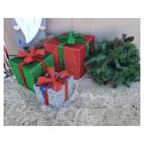 Holiday Lawn Decor: Light up Gift Box Set of 3 - Works, Pair of Candy Canes - Work, Star Shower Projector - Works, Berry & Pinecone Garland, Yard Flag, and Metal Holiday Gnome Yard Stake - Includes Tu