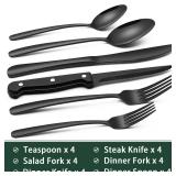 Black Heavy Duty Silverware Set, 24-Piece Stainless Steel Flatware Set with Steak Knives for 4, Food-Grade Tableware Cutlery Set, Utensil Sets for Home Restaurant, Mirror Finish, Dishwasher Safe - Ret