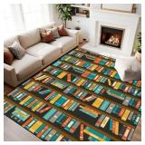 Large Washable 9x12 Living Room Area Rug, Colorful Bookshelf Stacked Tilted Books Retro Style Non-Slip Backing Carpet for Bedroom Dining Table Rug Soft Rug for High Traffic Area - Retail: $160 Large Washable 9x12 Living Room Area Rug, Colorful Bookshelf Stacked Tilted Books Retro Style Non-Slip Backing Carpet for Bedroom Dining Table Rug Soft Rug for High Traffic Area - Retail: $160