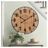 24 Inch Farmhouse Wall Clock Large Old Town Vintage Rustic Wooden Clock with Metal Rim and Large Numerals, Silent Battery-Operated for Office, Kitchen, Bedroom, and Living Room - Retail: $70 24 Inch Farmhouse Wall Clock Large Old Town Vintage Rustic Wooden Clock with Metal Rim and Large Numerals, Silent Battery-Operated for Office, Kitchen, Bedroom, and Living Room - Retail: $70