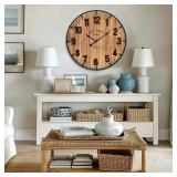 24 Inch Farmhouse Wall Clock Large Old Town Vintage Rustic Wooden Clock with Metal Rim and Large Numerals, Silent Battery-Operated for Office, Kitchen, Bedroom, and Living Room - Retail: $70 24 Inch Farmhouse Wall Clock Large Old Town Vintage Rustic Wooden Clock with Metal Rim and Large Numerals, Silent Battery-Operated for Office, Kitchen, Bedroom, and Living Room - Retail: $70