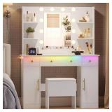 Wodeer Makeup Vanity Desk with Mirror and Lights, 43\" White Vanity Set with Chair, 3 Drawers, Power Outlet & Adjustable RGB LED Lights, Dressing Table with Storage Shelf for Women & Girls Bedroom - R Wodeer Makeup Vanity Desk with Mirror and Lights, 43\" White Vanity Set with Chair, 3 Drawers, Power Outlet & Adjustable RGB LED Lights, Dressing Table with Storage Shelf for Women & Girls Bedroom - R