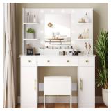 Wodeer Makeup Vanity Desk with Mirror and Lights, 43\" White Vanity Set with Chair, 3 Drawers, Power Outlet & Adjustable RGB LED Lights, Dressing Table with Storage Shelf for Women & Girls Bedroom - R Wodeer Makeup Vanity Desk with Mirror and Lights, 43\" White Vanity Set with Chair, 3 Drawers, Power Outlet & Adjustable RGB LED Lights, Dressing Table with Storage Shelf for Women & Girls Bedroom - R