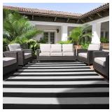 STRICKLANDHOME Outdoor Rug 9 x 12 ft, Reversible Plastic Straw Rug for Patio, Waterproof Large Outdoor Carpet for RV, Patio, Camping, Backyard, Deck, Picnic, Beach, Black & White - Retail: $72 STRICKLANDHOME Outdoor Rug 9 x 12 ft, Reversible Plastic Straw Rug for Patio, Waterproof Large Outdoor Carpet for RV, Patio, Camping, Backyard, Deck, Picnic, Beach, Black & White - Retail: $72