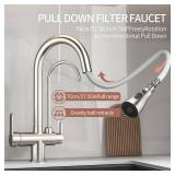 Kitchen Sink Faucet with Pull - Down Sprayer, 2 - Handle 3 - in - 1 Kitchen Sink Filter Faucet, Cold and Hot Mixer Drinking Water Faucet (Brushed Nickel-02) - Retail: $80 Kitchen Sink Faucet with Pull - Down Sprayer, 2 - Handle 3 - in - 1 Kitchen Sink Filter Faucet, Cold and Hot Mixer Drinking Water Faucet (Brushed Nickel-02) - Retail: $80